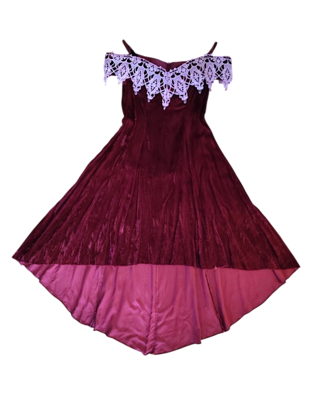 VTG 80s Burgundy Velvet Pink Brocade High Low Midi Prom Dress SZ 15/ 16 - Picture 6 of 13